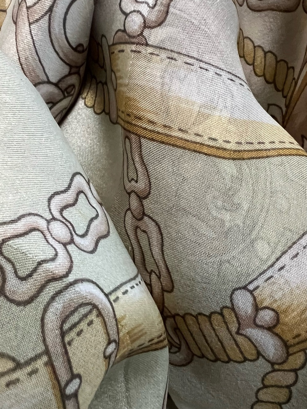 BALENCIAGA Paris Silk Square Scarf 34” Beige Gold Rope Tassel Crest Vintage - Picture 7 of 12